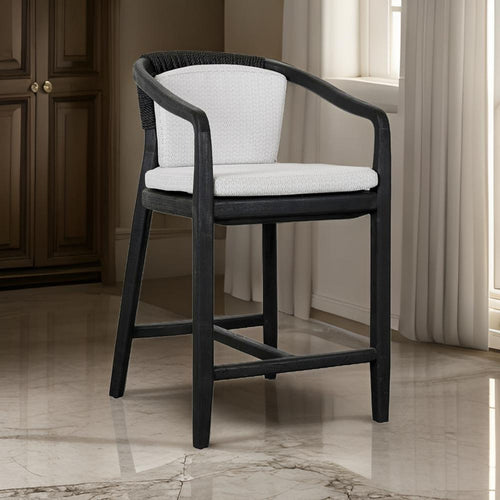 25 Inch Outdoor Counter Stool Chair, Gray Woven Olefin Fabric, Black Teak By Casagear Home