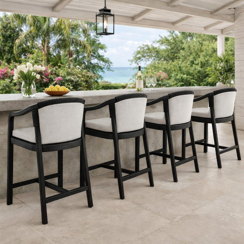 25 Inch Outdoor Counter Stool Chair, Gray Woven Olefin Fabric, Black Teak By Casagear Home