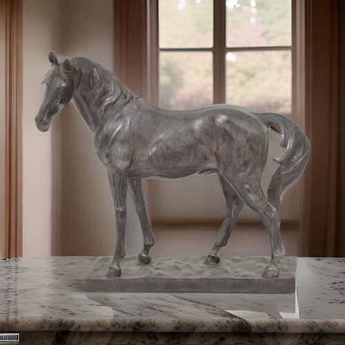 Fenny 16 Inch Standing Horse Statuette, Tabletop Figurine, Gray and Brown Resin By Casagear Home