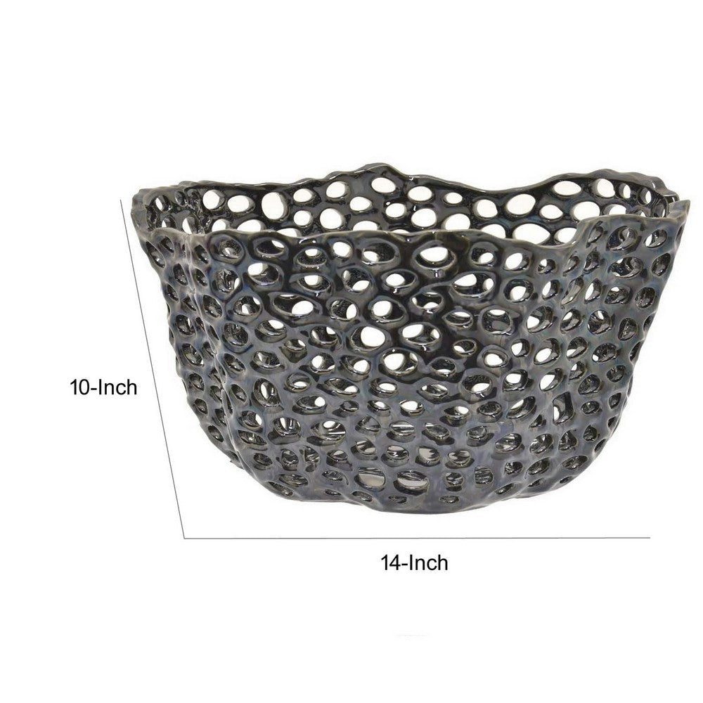 Hina 14 Inch Decorative Bowl Mesh Design Wavy Edges Ceramic Blue Finish By Casagear Home