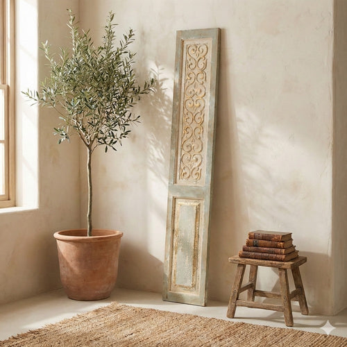 79 Inch Tall Decorative Carved Wood Panel Wall Art, Fir Wood, Beige, Gray By Casagear Home