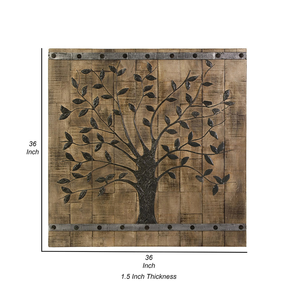 36 Inch Tree Of Life Wall Panel Square Mango Wood Brown and Black By Casagear Home BM312739