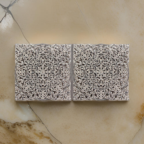 24x24 Inch Wall Art Panel Set of 2, Carved Mango Wood, Antique White By Casagear Home