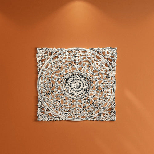 36 x 36 Decorative Wood Wall Panel, Intricate Carved Design, Silver Finish By Casagear Home