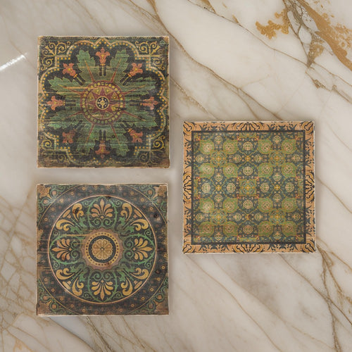 24 x 24 Decorative Wall Art Set of 3, Square Vintage Brown, Green Designs By Casagear Home