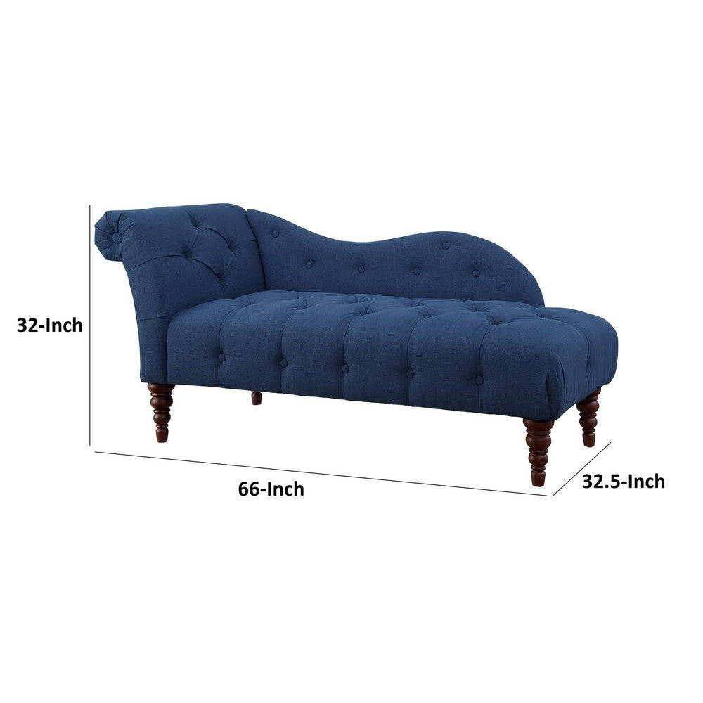 Selena 66 Inch Chaise Lounger Tufted Blue Polyester Brown Solid Wood By Casagear Home