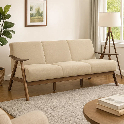 Indy 73 Inch Sofa, Brown Rubberwood Angled Frame, Textured Beige Fabric By Casagear Home