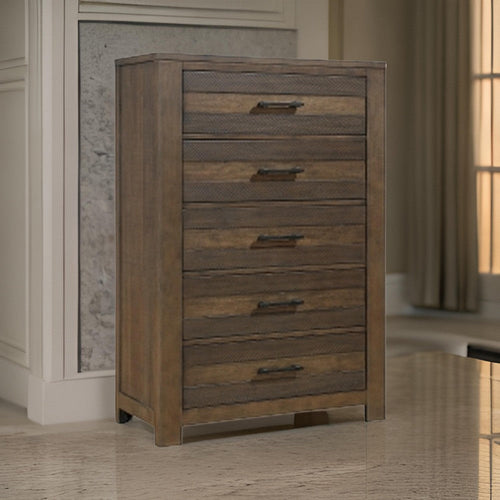 Aco 59 Inch Tall Dresser Chest, 5 Drawers with Black Handles, Antique Brown By Casagear Home