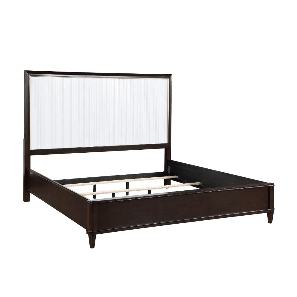 Shim Queen Size Bed with Tall Headboard White and Cherry Brown Wood By Casagear Home BM313344