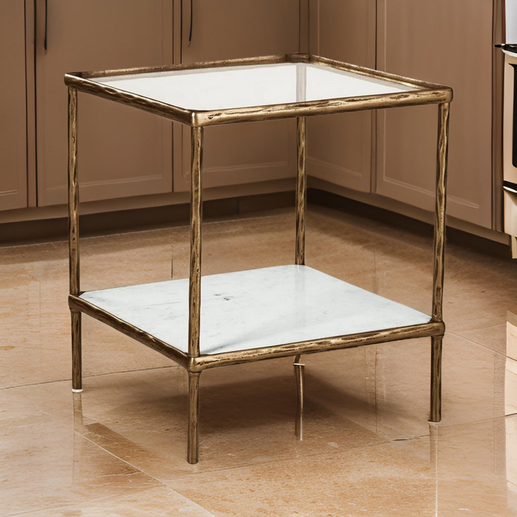 Ashley Dalie 25" Accent Table, Glass Top, Marble, Antique Gold Base