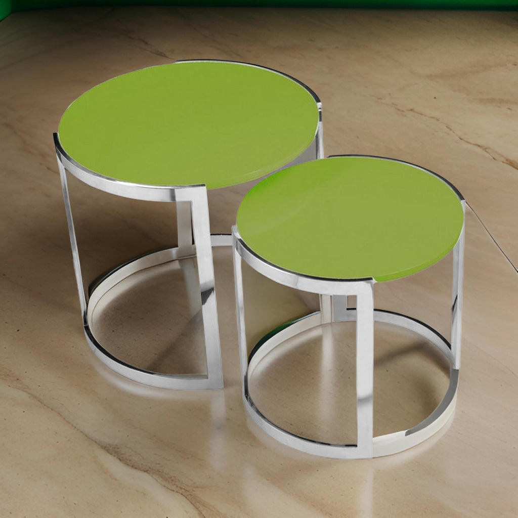 Niyo Set of 2 Nesting Side End Tables, Round Green Solid Wood Tops, Silver By Casagear Home