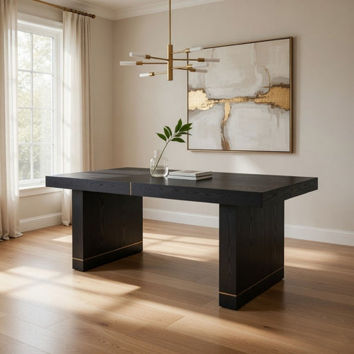 71 Inch Dining Table, Gold Brass Inlays, Rectangular Top, Black Wood By Casagear Home