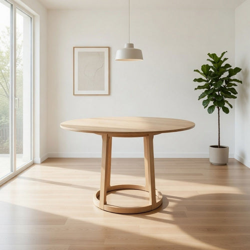 Hane 47 Inch Dining Table, Round Tabletop, Natural Brown Oak Wood Veneer By Casagear Home
