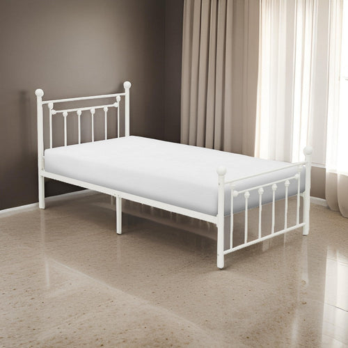Leu Twin Platform Bed, Open Slatted Frame with Ball Finials, White Metal By Casagear Home