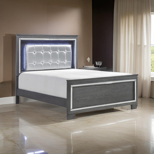 Lura Full Size Bed with LED Headboard, Mirror Frame, Gray Faux Leather By Casagear Home