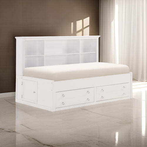 Eso Twin Lounge Bed with Storage Shelf, Cabinet, USB Port, White Birch By Casagear Home