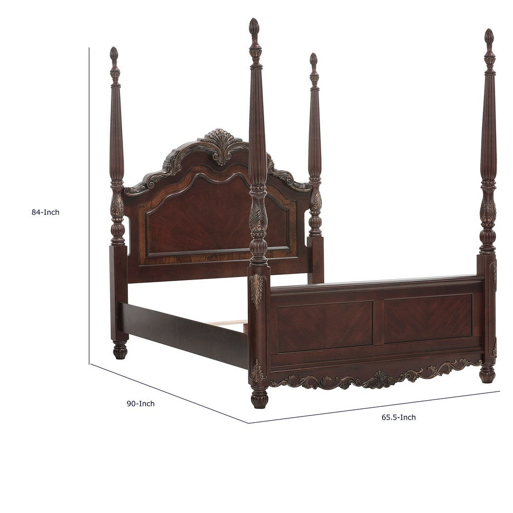 Park Queen Size Poster Bed with Shell Motifs and Burl Inlays, Brown Veneer By Casagear Home