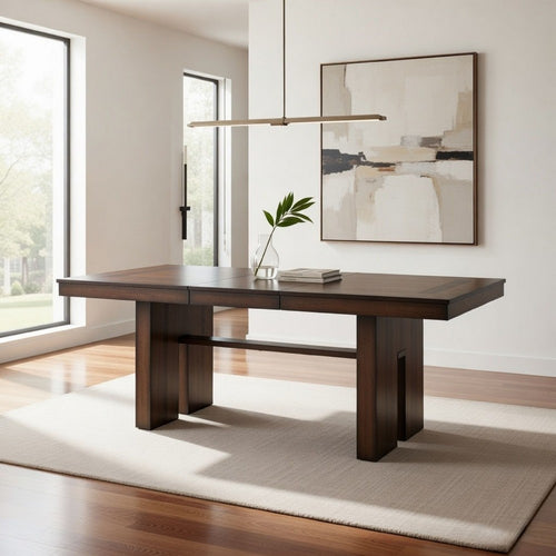 Voz 59-77 Inch Dining Table, Extendable, Trestle Base, Walnut Brown Veneer By Casagear Home