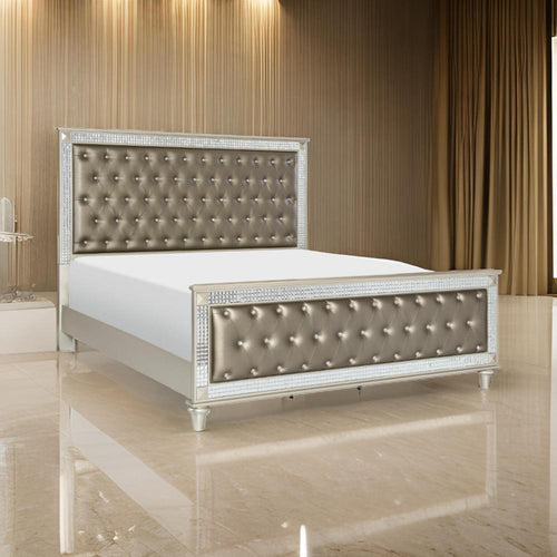 Juhi Queen Size Bed, Button Tufted Gray Faux Leather, Crystals Trim, Wood By Casagear Home