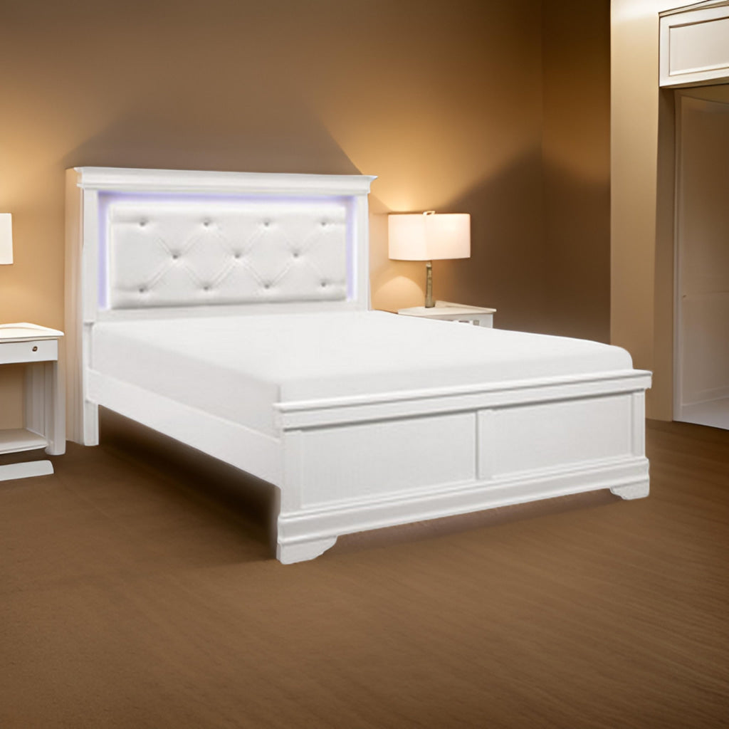 Teich Queen Bed, LED, Crystal Tufted Faux Leather Upholstery, White Wood By Casagear Home