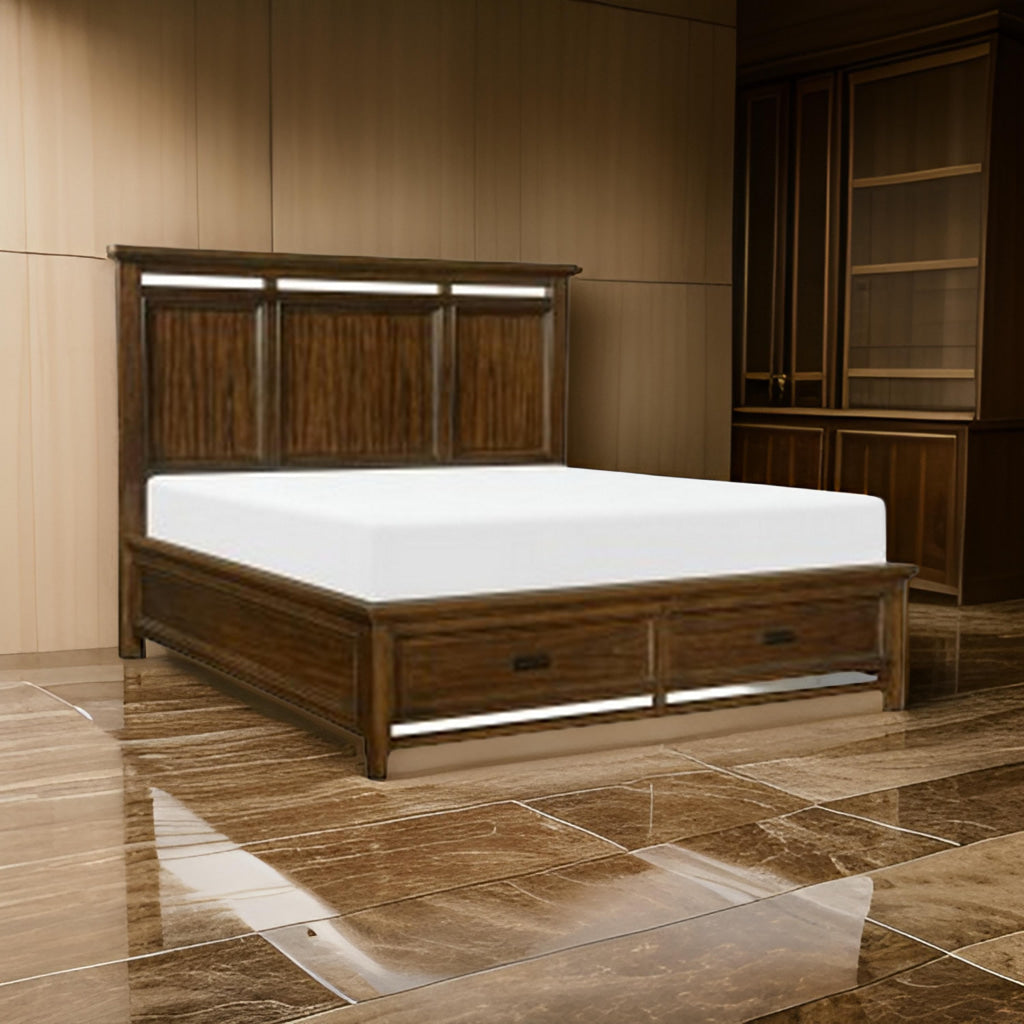 Zian Queen Platform Bed, 2 Drawers with Bar Handles, Brown Cherry Wood By Casagear Home