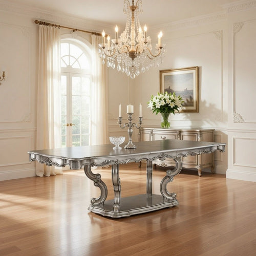 Aria 85-102 Inch Dining Table, Extendable Wood Top Classic Antique Platinum By Casagear Home