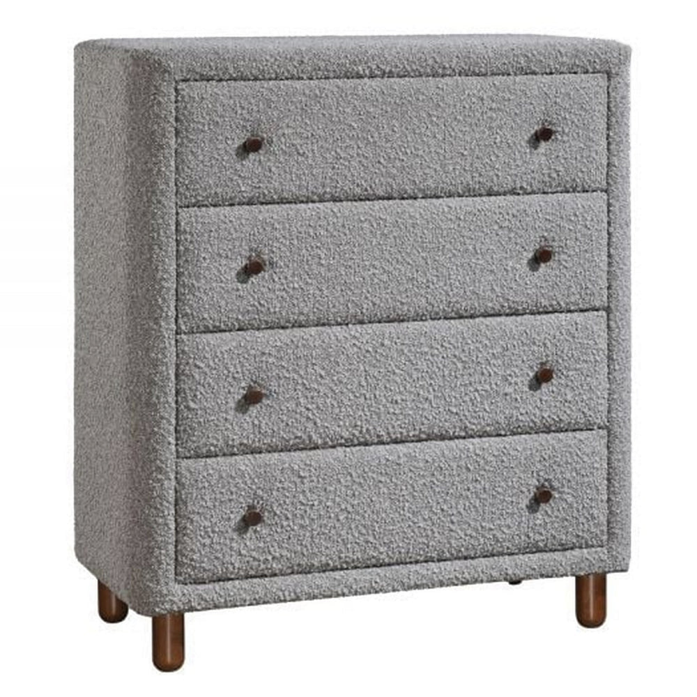 Lyno 38 Inch Tall Dresser Chest, 4 Drawers, Gray Boucle Upholstery, Brown Lyno 38 Inch Tall Dresser Chest, 4 Drawers, Gray Boucle Upholstery, Brown