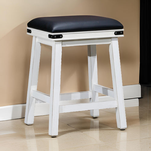 Nio 24 Inch Counter Stool, Black Bonded Leather Seat, Antique White Finish By Casagear Home