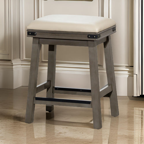 24 Inch Counter Stool, Weathered Gray Finish, French Gray Leather Seat By Casagear Home