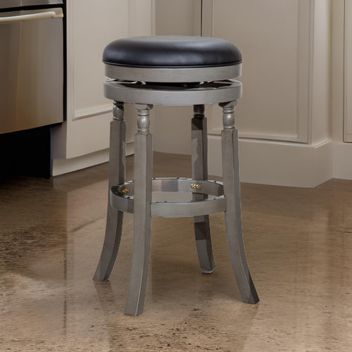 Opi 30 Inch Swivel Barstool, Black Bonded Leather Weathered Gray Solid Wood By Casagear Home