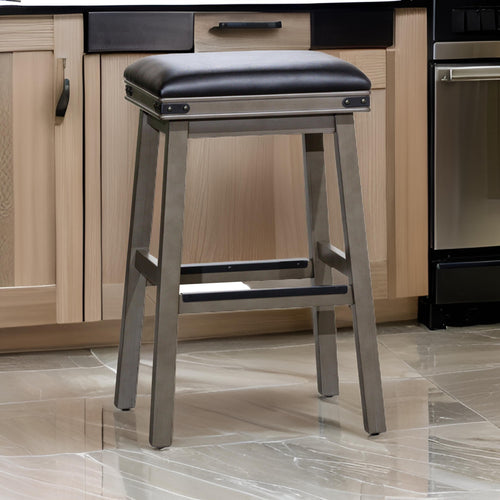 Nio 30 Inch Barstool, Saddle Black Bonded Leather Weathered Gray Solid Wood By Casagear Home