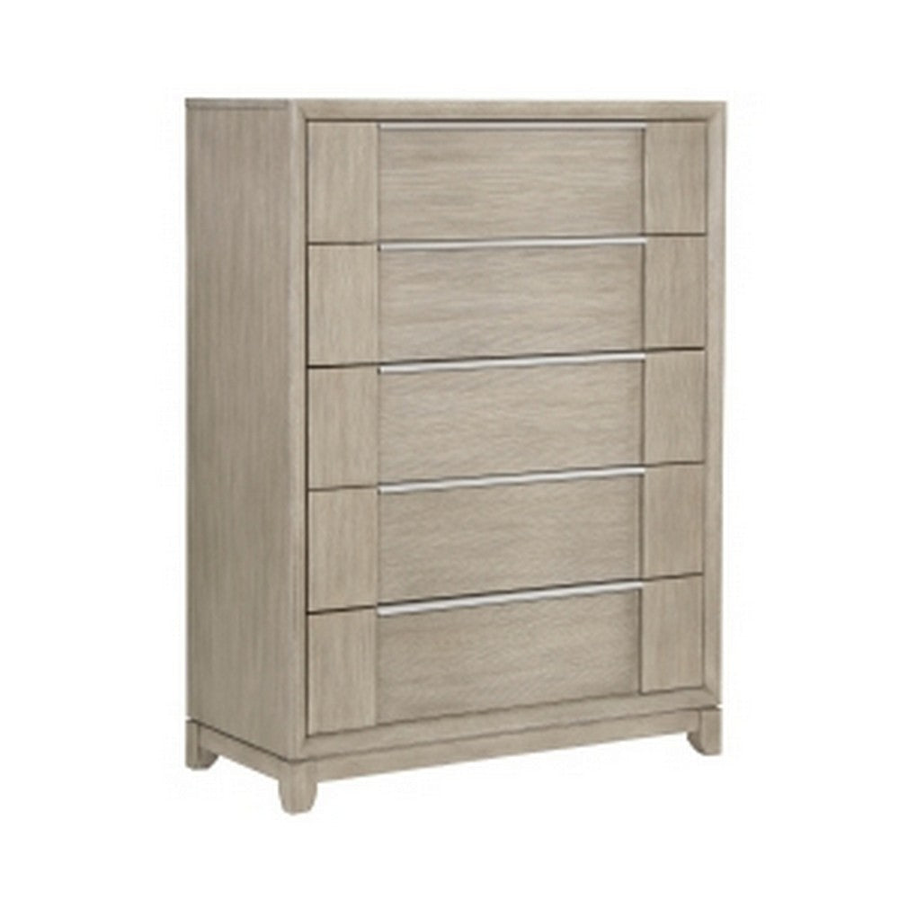 Benjara Owen 54 Inch Tall Dresser Chest, 5 Drawers Pewter Handles, Light Beige Wood