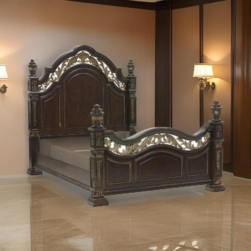 Lumi Queen Bed, Classical Metal Scrollwork, Dark Cherry Brown and Gold By Casagear Home
