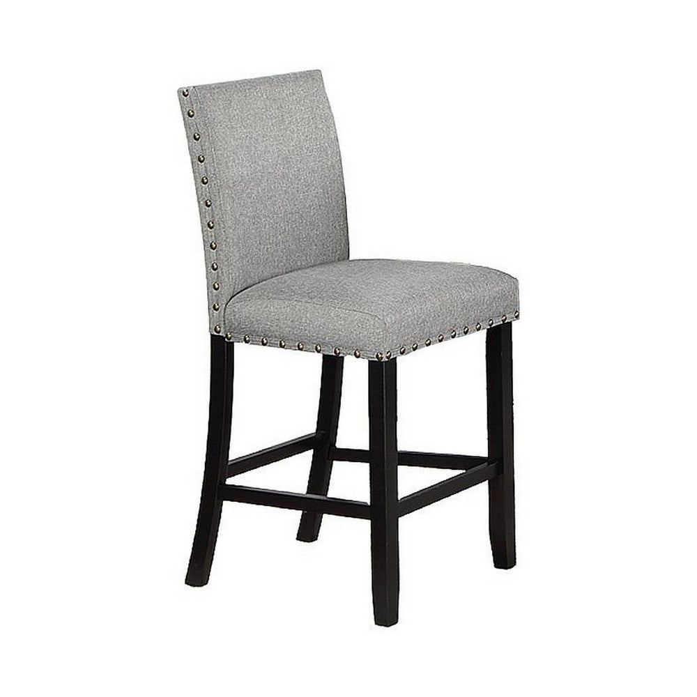 Sie 24 Inch Counter Height Chairs, Set of 2, Nailhead Trim, Gray Fabric, Black Wood