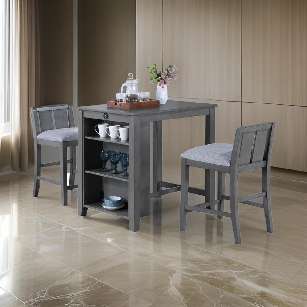 Ham 3 Piece Counter Height Compact Dining Table, Chair Set, Gray Wood By Casagear Home