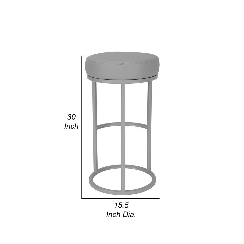 Tane 30 Inch Barstool Round Gray Faux Leather Padded Seat Gray Metal Base By Casagear Home BM314948