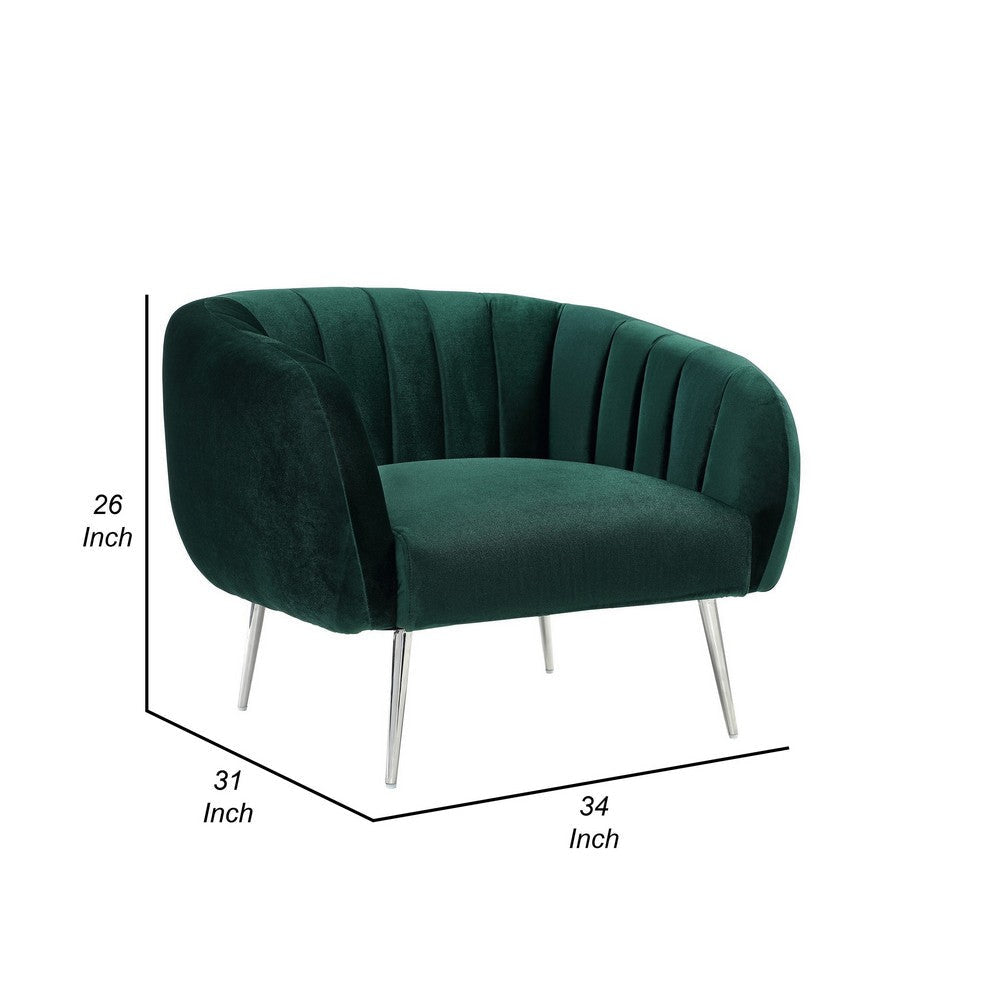 Decy 34 Inch Accent Chair Channel Stitched Cushioned Green Velvet Silver By Casagear Home