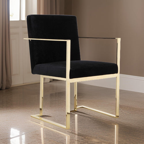 Boly 24 Inch Dining Armchair, Cushioned Black Velvet Seat, Gold Cantilever By Casagear Home