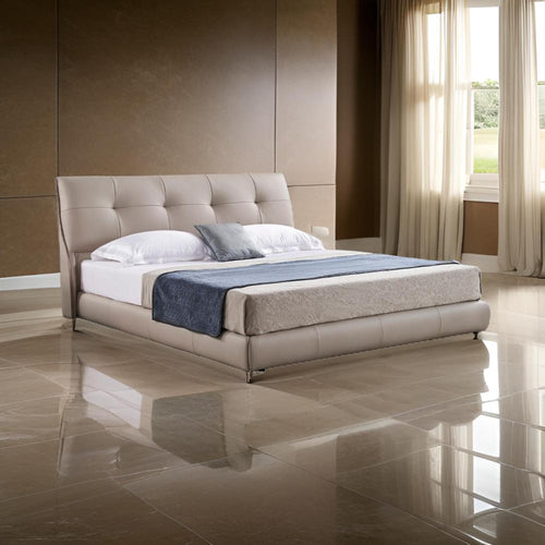 Soen Queen Size Bed, Beige Leather Tufted Upholstery, Low Profile, Wood By Casagear Home