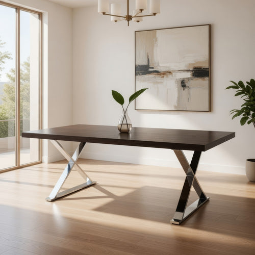 Rix 87 Inch Dining Table, Espresso Brown Wood Top, X Chrome Steel Legs By Casagear Home