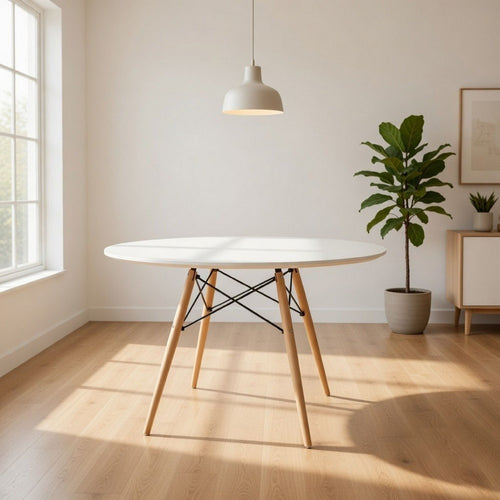 Ben 47 Inch Dining Table, Round White Lacquer, Tapered Legs, Wood, Metal By Casagear Home