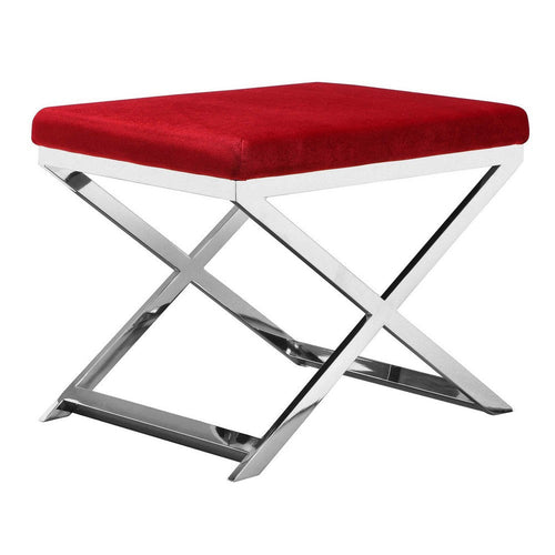 Sovi 24 Inch Stool Ottoman, Red Velvet Seat, Silver Finish Cross Frame By Casagear Home