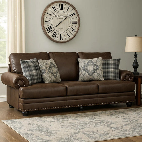Jade 98 Inch Sofa, Rich Brown Microfiber, 4 Pillows, Soft Cushions, Wood By Casagear Home