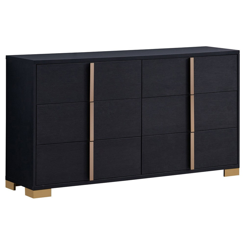 Benjara Dex 59 Inch Wide Dresser, 6 Drawers with Long Vertical Gold Handles, Black Benjara Dex 59 Inch Wide Dresser, 6 Drawers with Long Vertical Gold Handles, Black