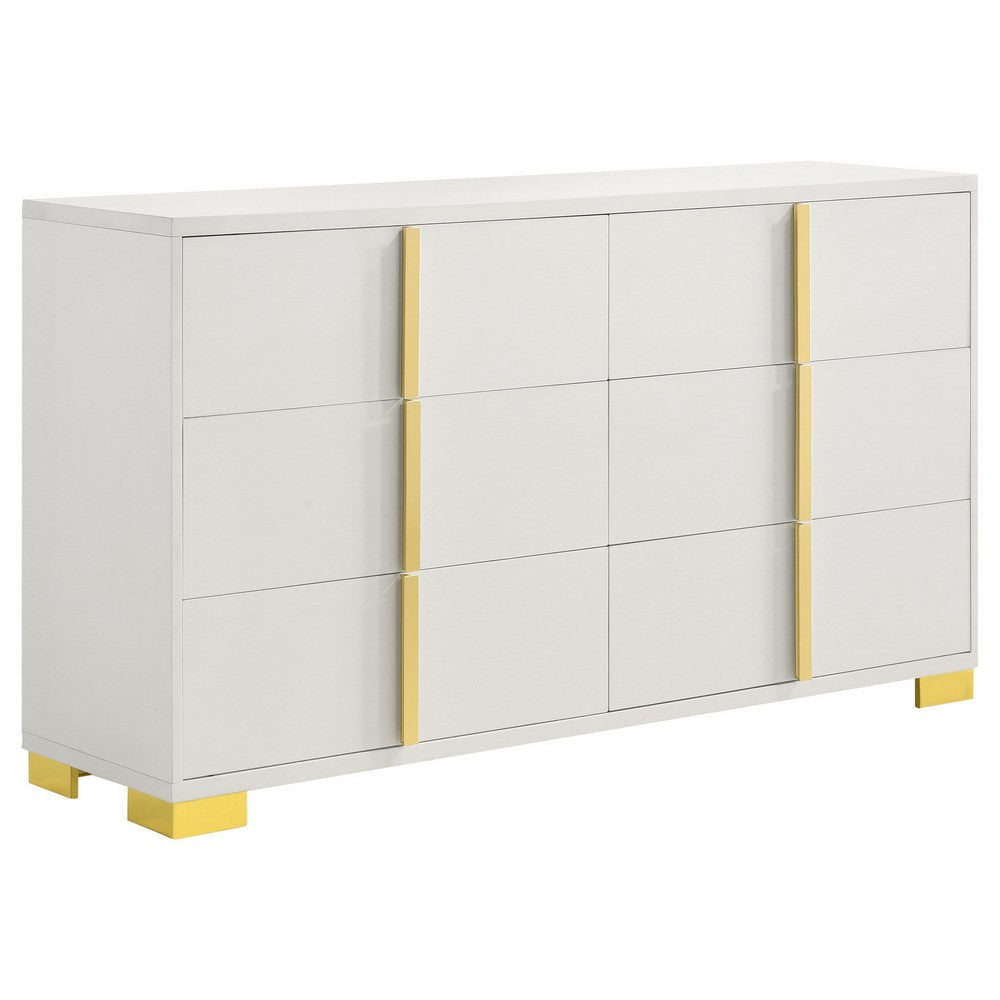 Buy Dex 59 Inch Wide Dresser, 6 Drawers with Long Vertical Gold Handles, White By Casagear Home | Casagear Buy Dex 59 Inch Wide Dresser, 6 Drawers with Long Vertical Gold Handles, White By Casagear Home | Casagear