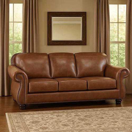 Boro 85 Inch Sofa, Rich Brown Top Grain and Faux Leather, Solid Wood By Casagear Home