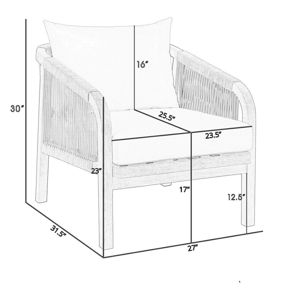 Ann 32 Inch Outdoor Accent Chair Brown Eucalyptus Rope Ivory Olefin By Casagear Home BM315711