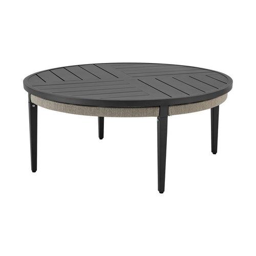 Hosa 42 Inch Outdoor Coffee Table, Black Round Slatted Top, Gray Rope Apron By Casagear Home