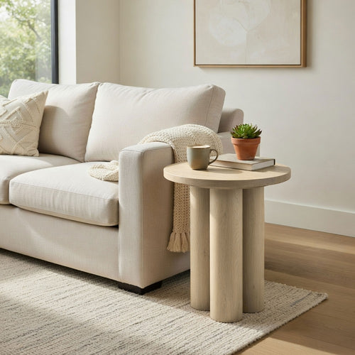 Hazel 18 Inch Round Side Table with 3 Pillar Legs | Handcrafted Mango Wood | Organic Natural Brown