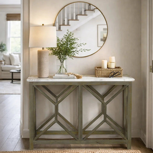 Agas 41 Inch Sofa Console Table, White Genuine Marble Top, Sandblasted Washed Ash Gray Mango Wood Geometric Frame